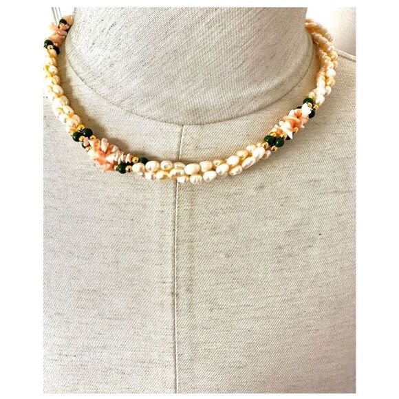 Freshwater  rice Pearl and coral cluster three strand twist necklace - Picture 1 of 7